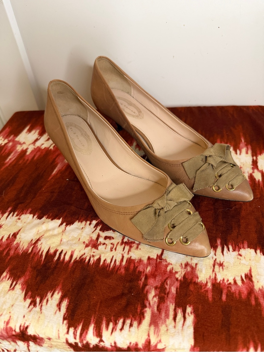 Elie Tahari Tan Pointed-Toe Pumps with Bow & Eyelet Detail